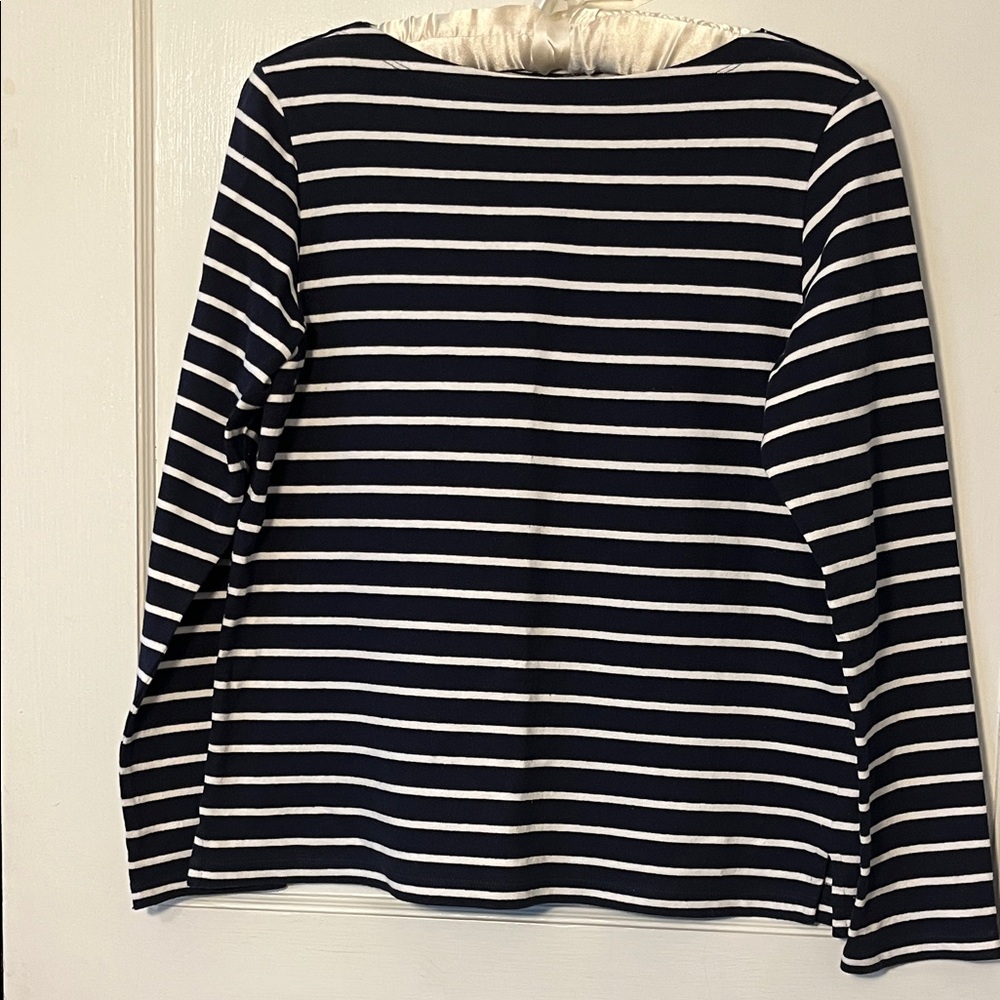 Nautical Navy and White Striped Boat Neck Women's Top size small 100% cotton